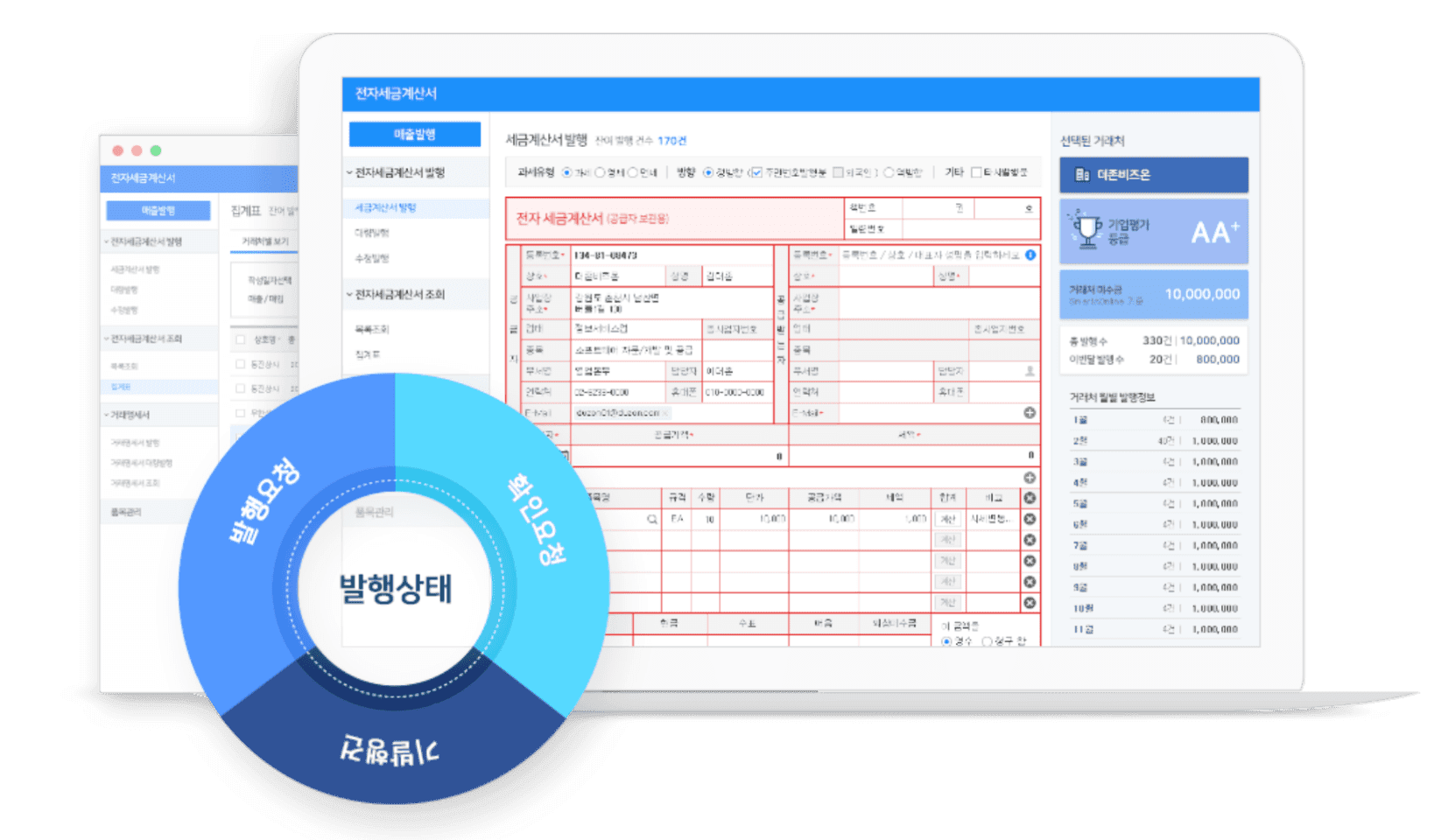Smart A 10 전자세금계산서 발행 화면과 발행상태 원